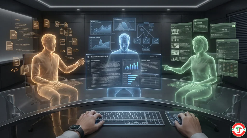 Three holographic AI assistants at a trading desk — one with code, one with risk analysis, one with live news — representing ChatGPT, Claude, and Gemini for traders.
