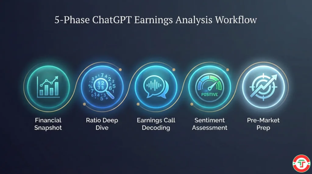 A visual pipeline showing the 5 phases of ChatGPT earnings analysis from financial snapshot through ratio analysis, call decoding, sentiment, to pre-market prep.