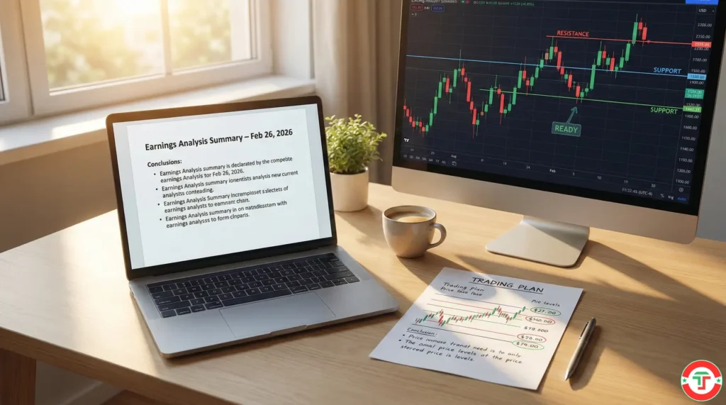 A clean, organized trading desk at morning with a completed earnings analysis summary, trading plan, and chart showing key levels—ready for the session.