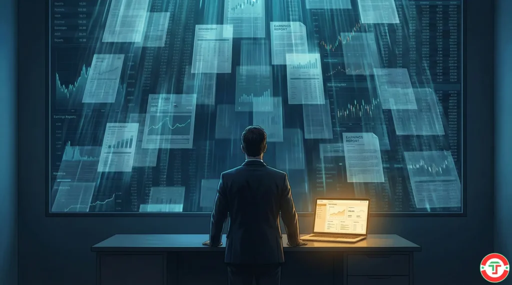 A trader stands before a massive cascade of financial reports and earnings data while a single laptop glows with organized AI analysis on their desk.