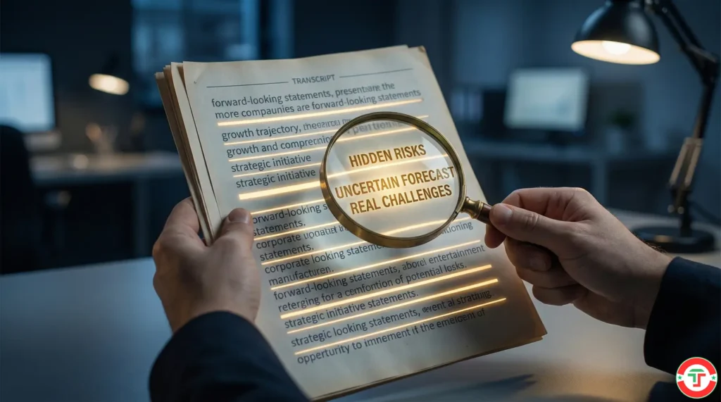 Golden light glows between the lines of an earnings call transcript, symbolizing hidden insights beneath polished corporate language.