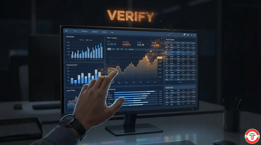 Financial data on a monitor dissolves into digital fragments, warning traders that ChatGPT can fabricate earnings data that appears convincingly real.