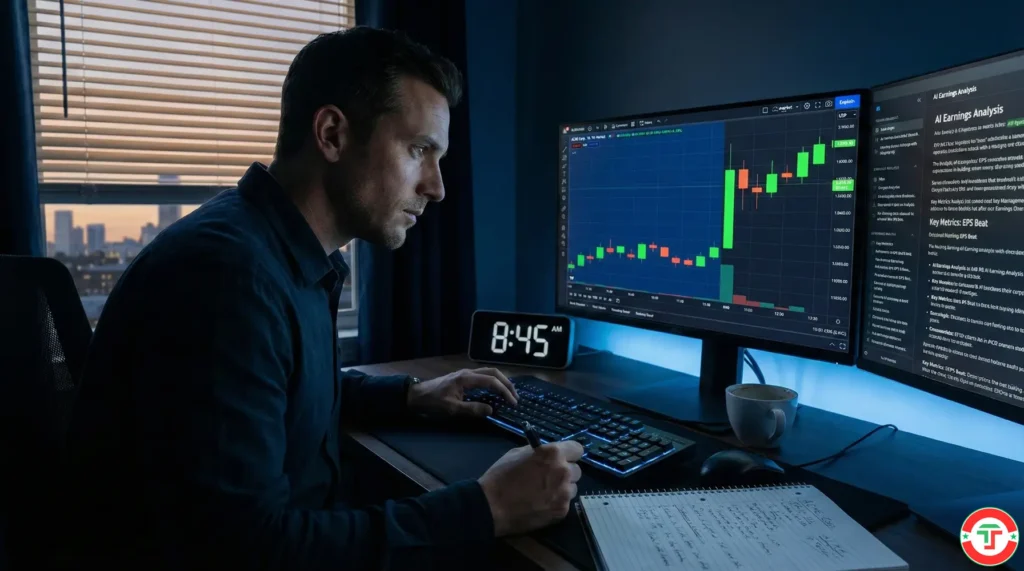 A day trader studies pre-market earnings data on multiple monitors in early morning light, combining AI analysis with chart review before the opening bell.
