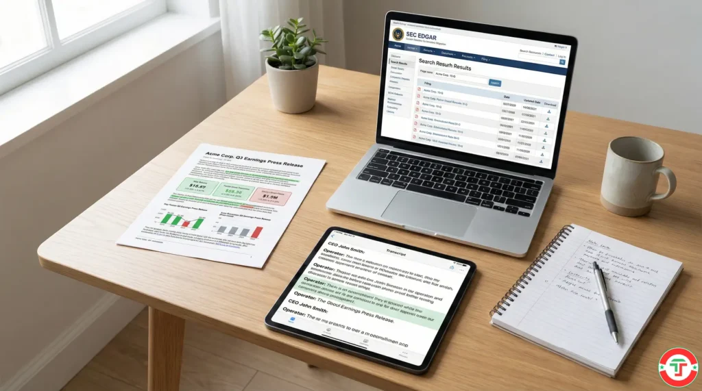 An organized desk shows SEC EDGAR on a laptop, a printed earnings press release, and an earnings call transcript on a tablet—the key sources for ChatGPT analysis.
