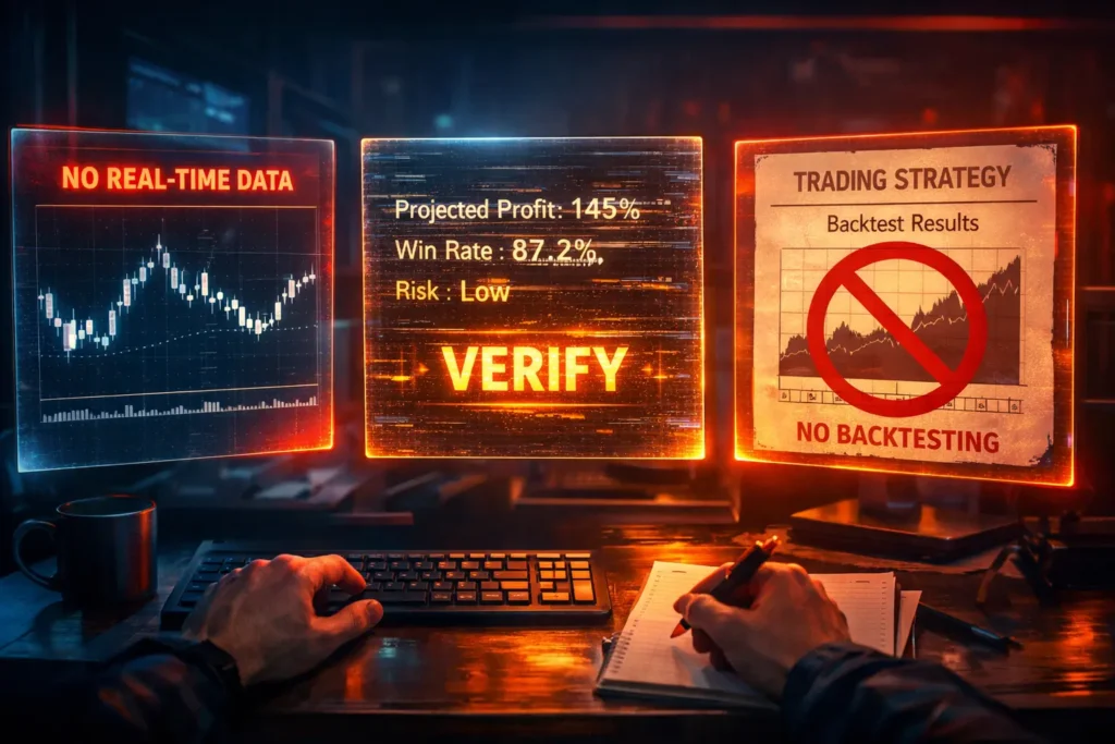 Visual representation of ChatGPT's three critical limitations for traders: no real-time data, hallucinations, and no backtesting capability shown as information blind spots