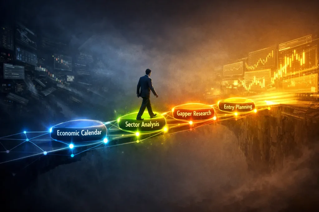 Glowing pathway showing interconnected ChatGPT prompt workflow stages from market data to complete trading plan, illustrating sequential multi-step analysis process