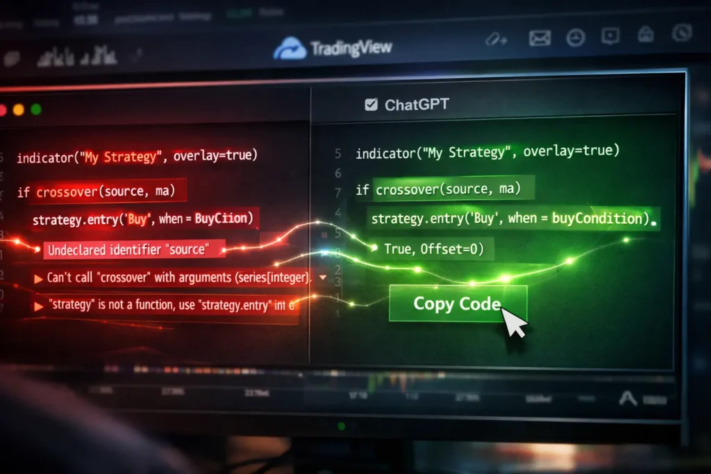 ChatGPT successfully debugging Pine Script code showing error correction and solution for TradingView indicator development