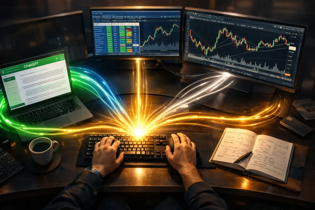 Professional day trading workflow showing ChatGPT integrated with Trade Ideas scanner and TradingView charts in synergistic tool orchestration