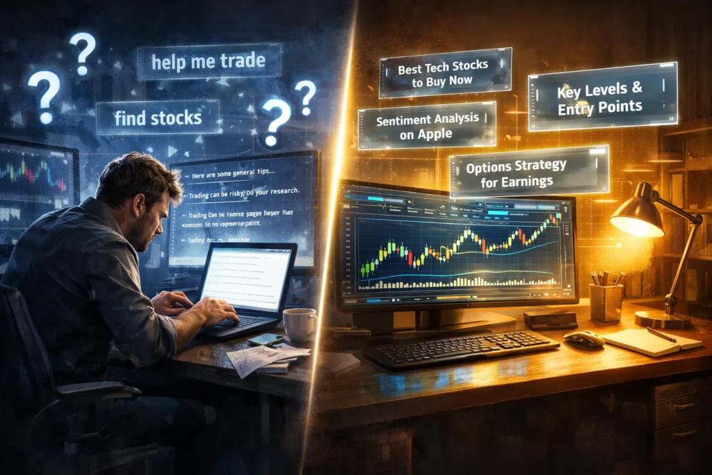 Trader frustrated by vague ChatGPT prompts on left, with structured STAR framework prompts creating clarity on right, showing the transformation from chaos to actionable insights