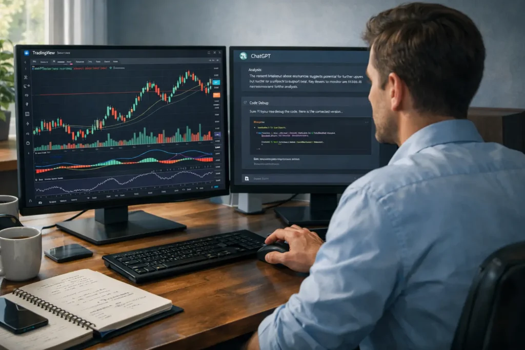 Professional day trader using ChatGPT as an AI assistant alongside TradingView charts in a realistic trading workspace setup with dual monitors