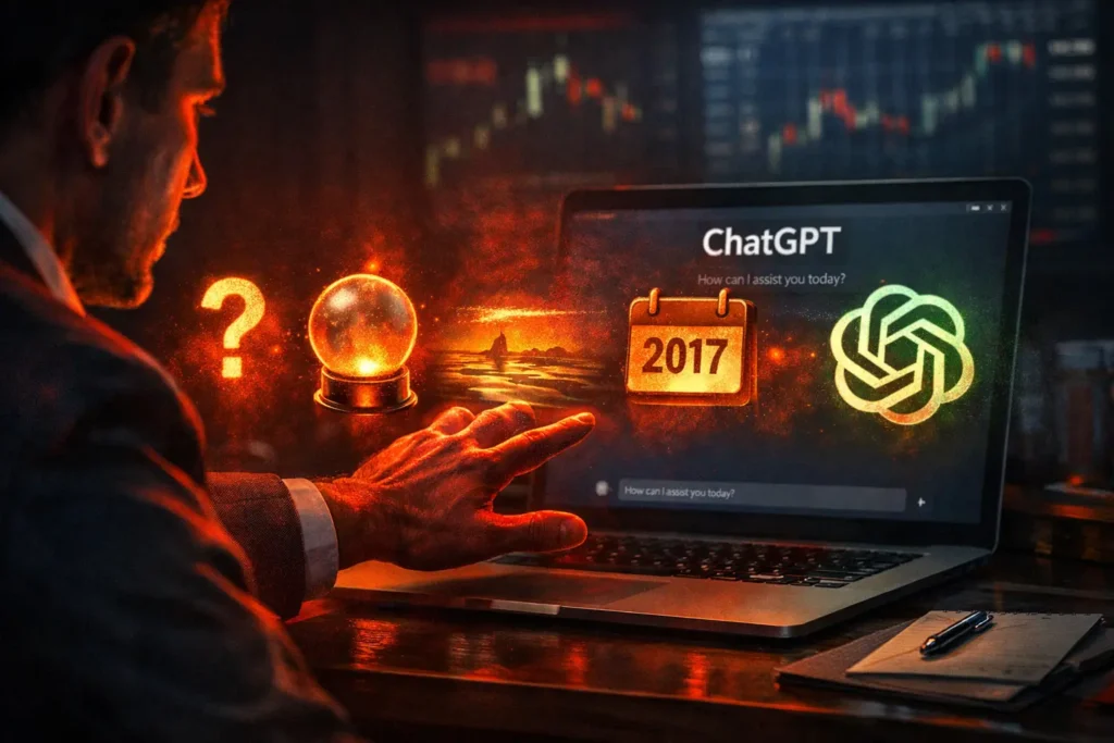Trader reaching toward ChatGPT screen with five warning symbols floating between (vague prompts, predictions, hallucinations, outdated data, over-reliance) showing common pitfalls