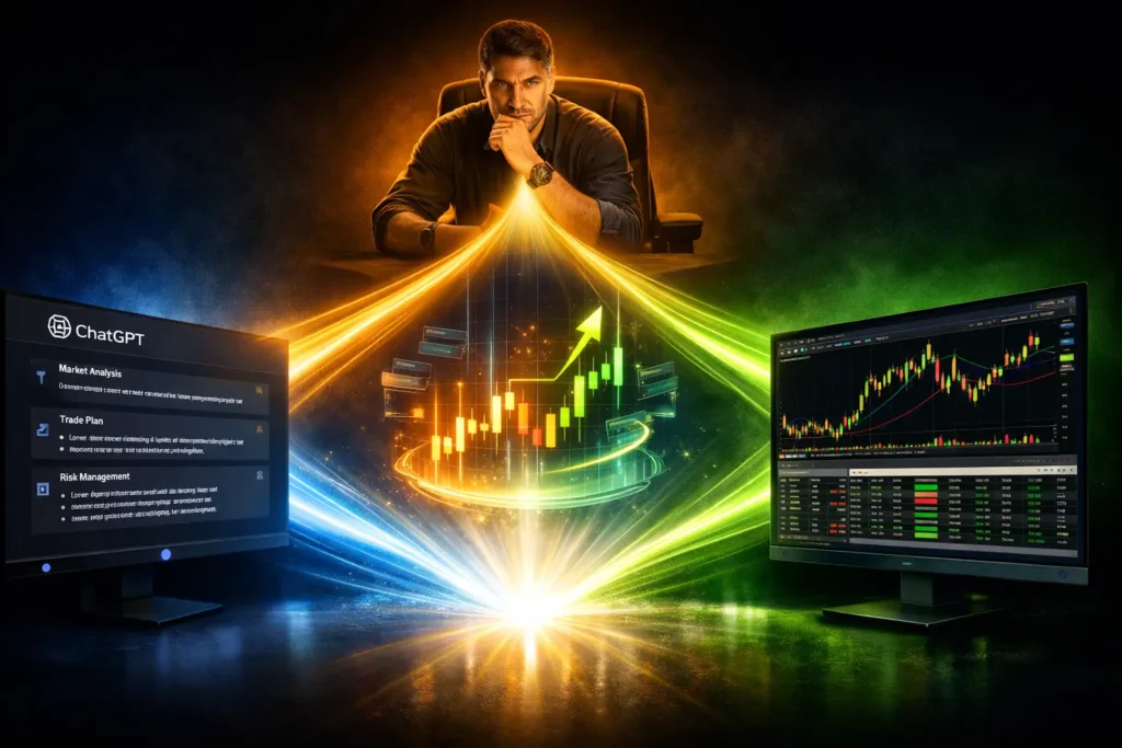 Triangular workflow showing trader, ChatGPT AI analysis, and trading platforms connected by flowing light streams, demonstrating integrated human-AI-tool collaboration