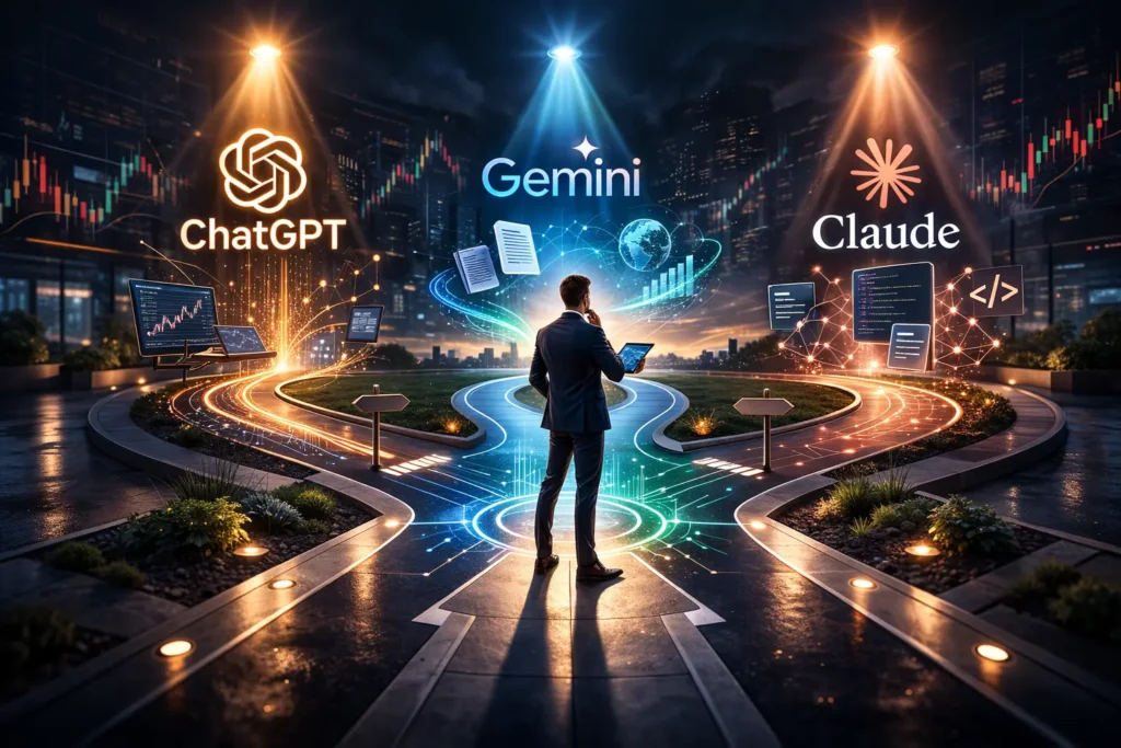 Trader standing at crossroads choosing between three AI assistant pathways representing ChatGPT, Gemini, and Claude for trading workflows