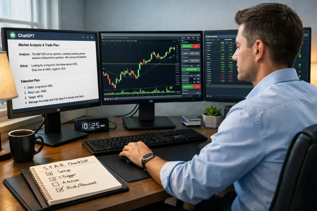 Professional trader calmly executing trades at organized multi-monitor setup with structured ChatGPT analysis, live platform, and scanner showing mastery of AI-assisted workflow