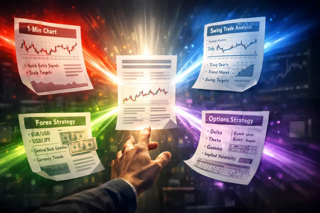 Central ChatGPT prompt template splitting into four personalized versions for different trading styles (scalping, swing, forex, options) showing customization flexibility