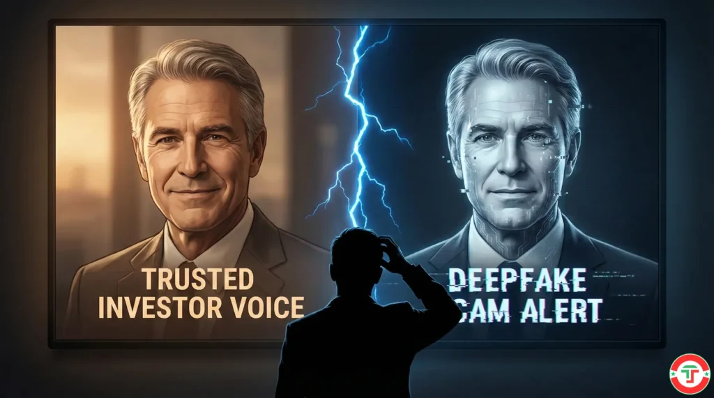 A digital screen split between an authentic portrait and a subtle deepfake version of the same figure, with a viewer silhouette unable to tell the difference — illustrating AI deepfake investment scams.