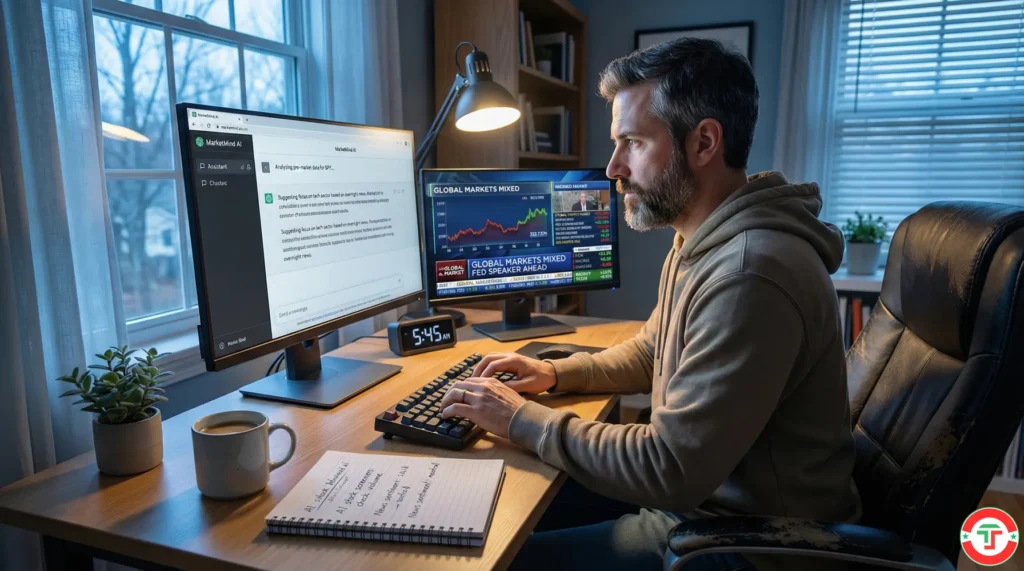 A day trader using a free AI chat assistant on their monitor during pre-market research, with financial news on a second screen and handwritten notes nearby.