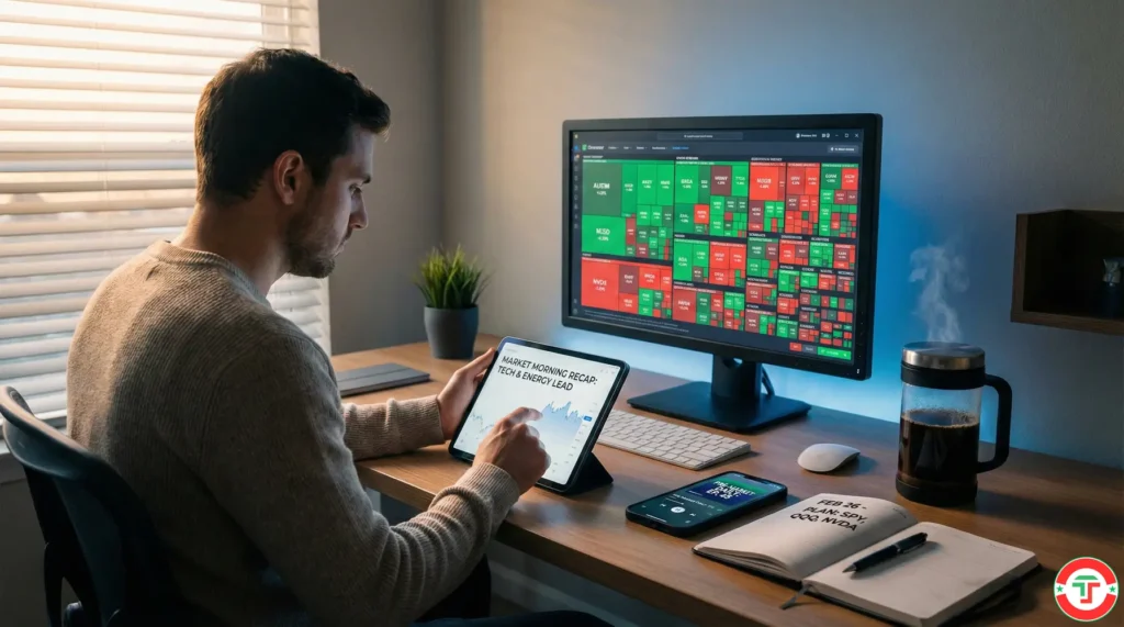 A trader calmly reviewing market recaps on a tablet and stock heat maps on a monitor during a quiet pre-market morning routine with dawn light filtering in.