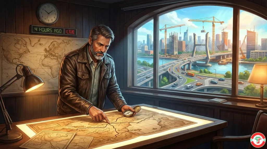 A skilled navigator studying detailed but outdated maps while the actual landscape visible through the window has changed, representing AI's lack of real-time market data.