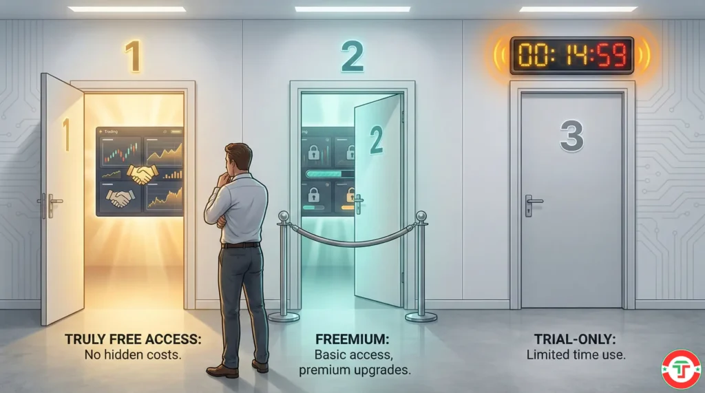 Three doors representing the 3 tiers of free AI trading tools: fully open (truly free), half-open with velvet rope (freemium), and closed with countdown timer (trial only).