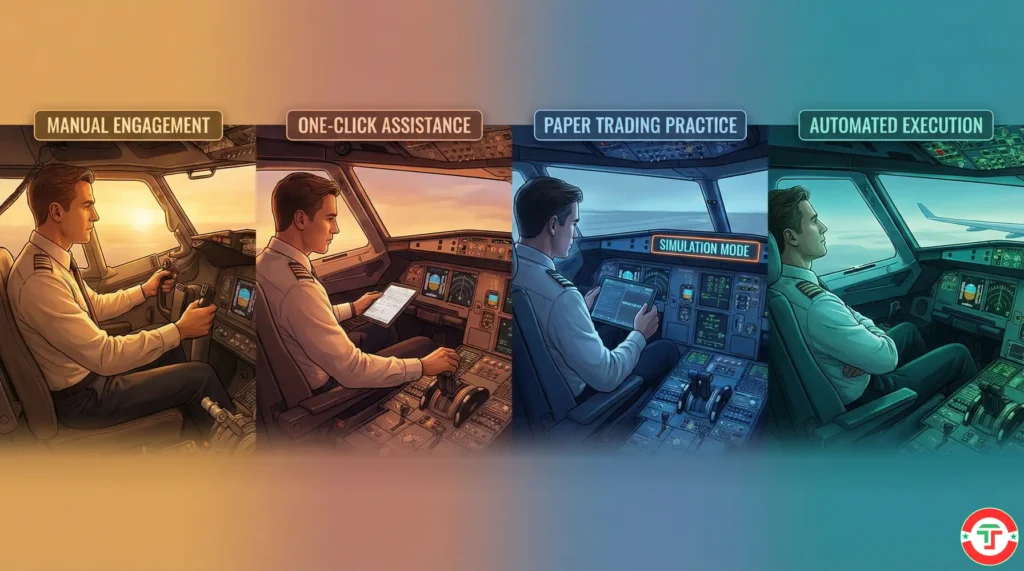 Four connected scenes showing a pilot progressing from manual control to autopilot, representing Holly AI's four execution methods