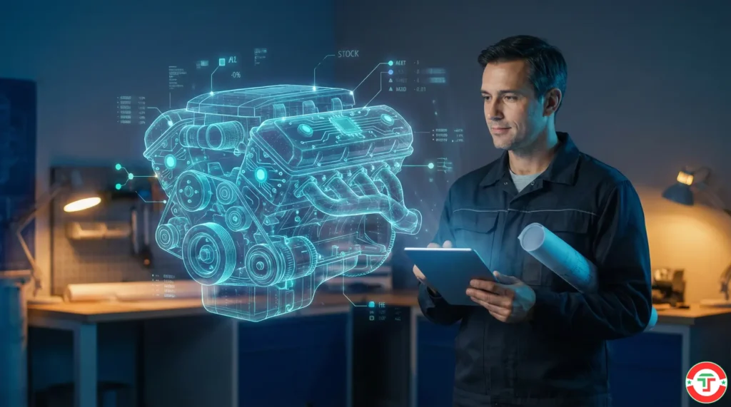 Professional analyzing a transparent holographic AI engine, symbolizing understanding how Trade Ideas Holly AI works under the hood