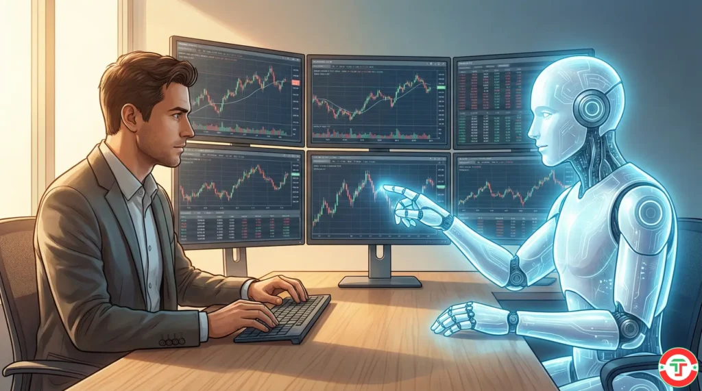 A trader and translucent AI figure collaborating side by side at a trading desk, representing the human-machine partnership with Holly AI