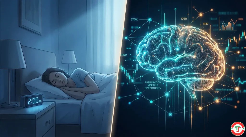  Split image showing a trader sleeping while Holly AI runs millions of overnight backtests, visualized as flowing data streams