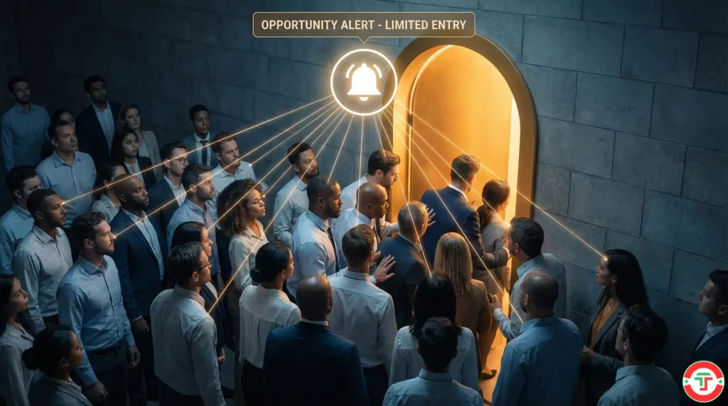 Crowd of traders rushing toward a single glowing doorway, visualizing how Holly AI signal crowding creates execution competition