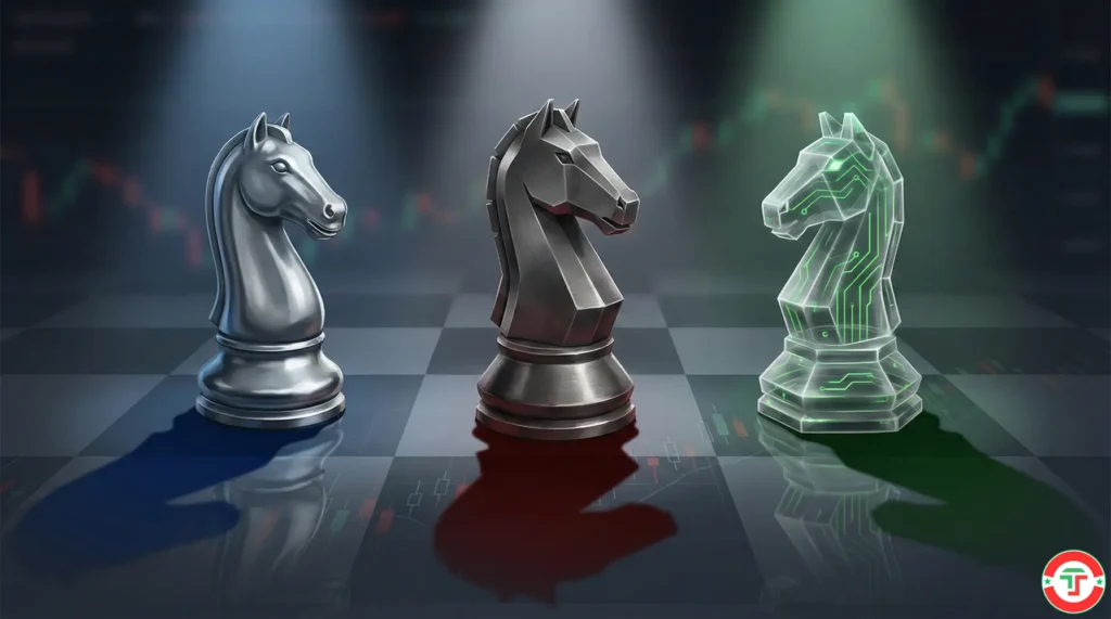 Three chess knight pieces representing Holly AI's three distinct systems: original Holly, Holly 2.0, and Holly NEO with different risk profiles