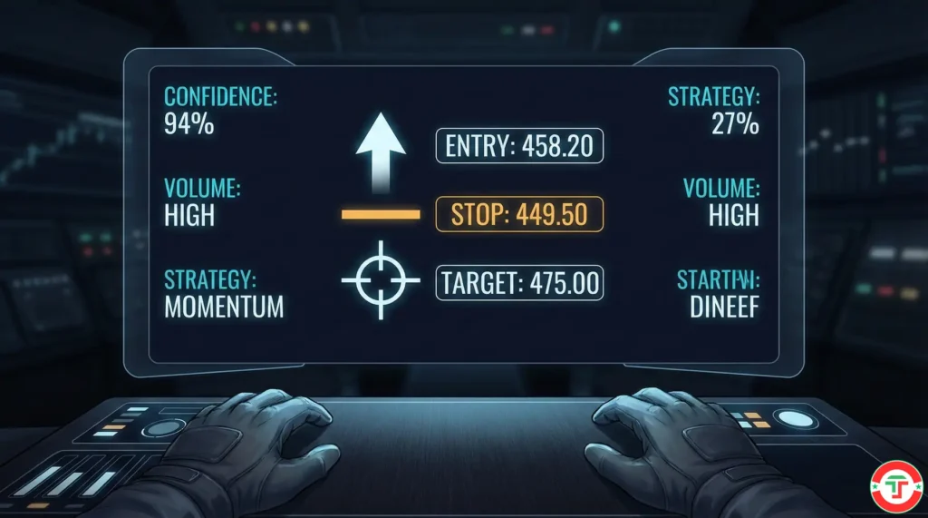 First-person view of a sleek holographic trading HUD showing entry, stop-loss, and target levels from a Holly AI signal