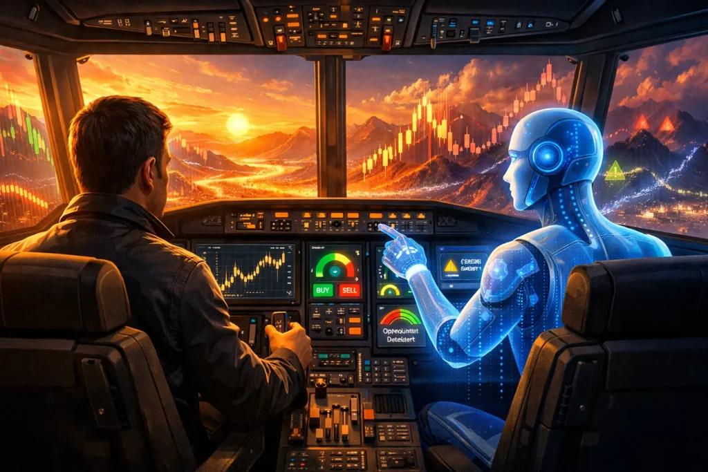 Trader as pilot with AI co-pilot in cockpit overlooking market landscape, representing ideal human-AI partnership where human maintains control