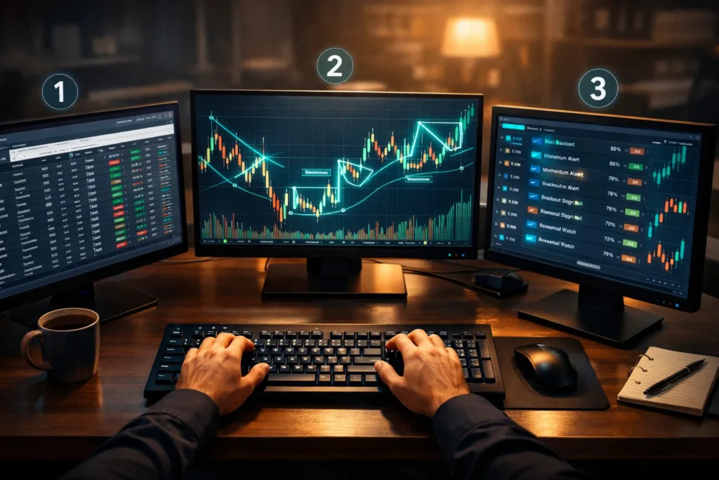 A professional three-monitor trading setup showing the hybrid workflow of traditional screening, AI pattern analysis, and real-time AI scanning across three phases