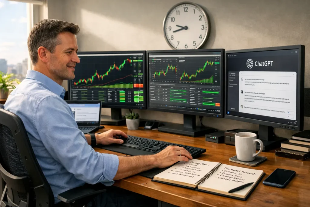 Confident day trader with balanced trading workflow using ChatGPT as one verified tool among professional platforms in organized workspace