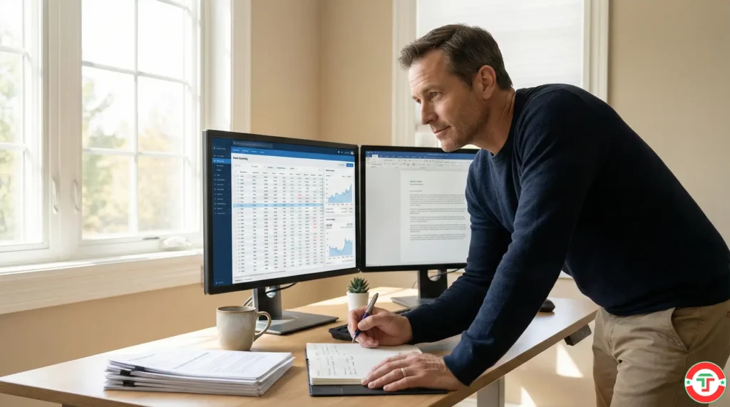 A professional trader calmly analyzing a legitimate AI stock scanning platform at a well-organized desk, representing the clear difference between genuine AI tools and trading scams.