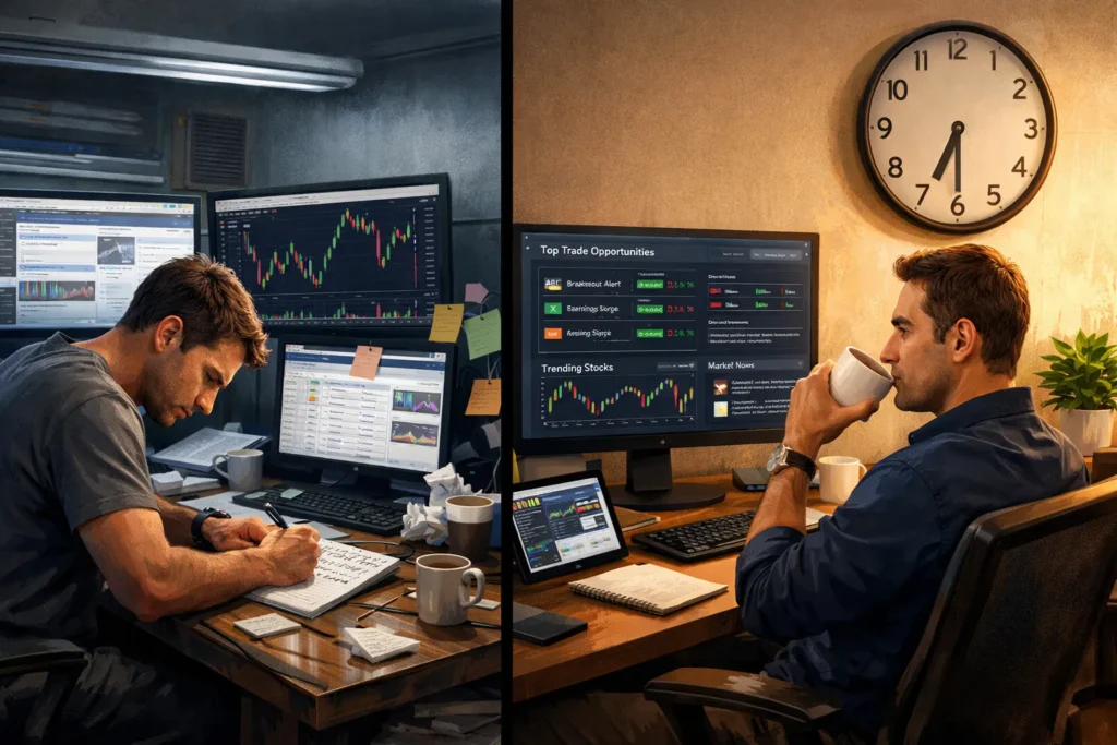 Split comparison showing a trader manually building a watchlist with multiple screens versus a trader reviewing AI-curated trading opportunities in a calm setup