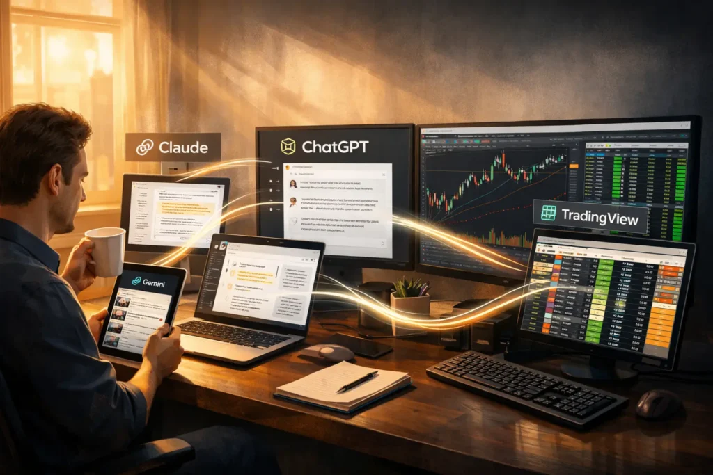 Professional trading workstation showing Gemini for research, Claude for documents, ChatGPT for brainstorming, and trading platforms for execution