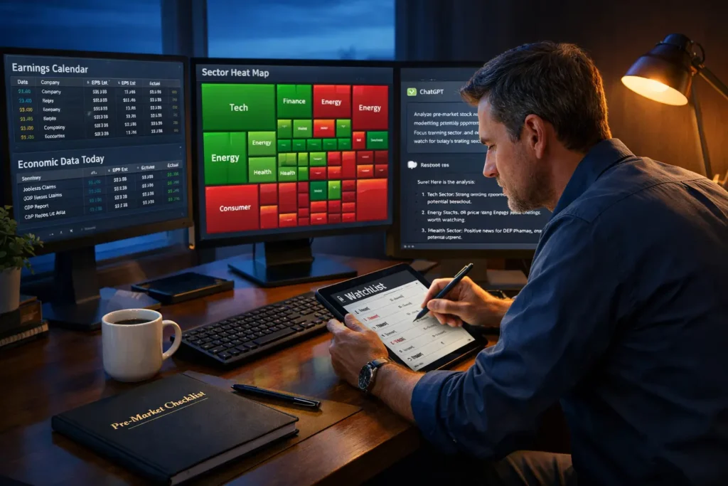 Professional trader conducting systematic pre-market research at multi-monitor desk with ChatGPT analysis, coffee, and organized watchlist during early morning preparation