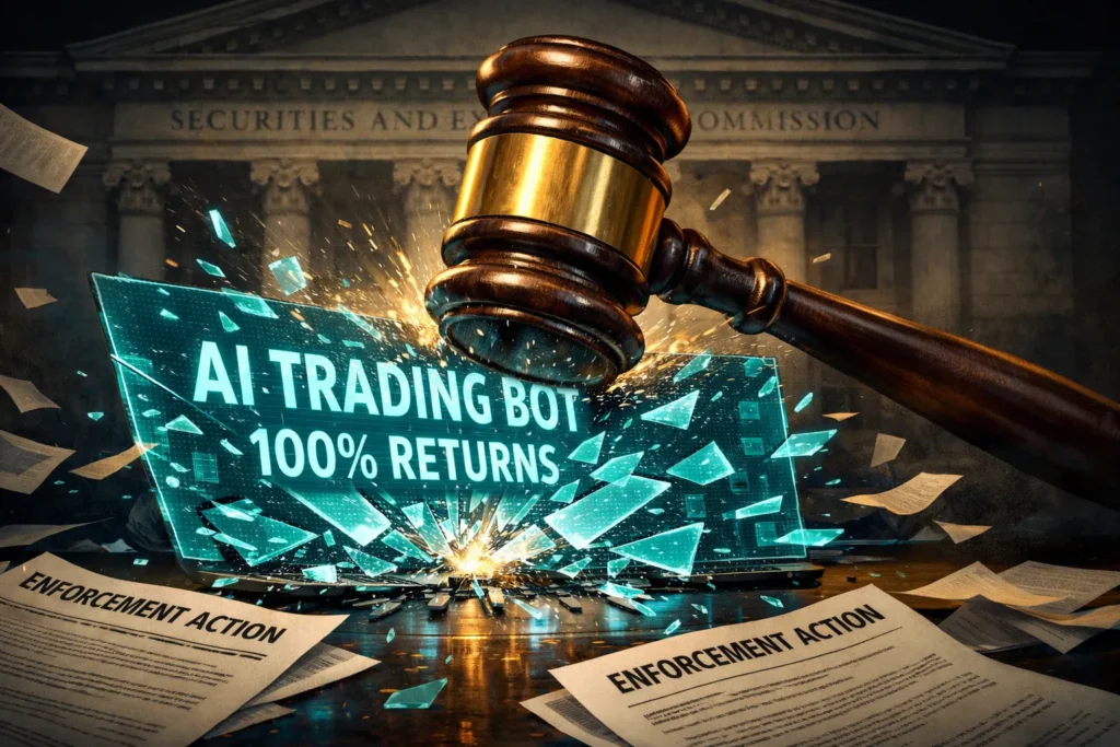 Illustration of a gavel shattering a holographic AI trading bot advertisement, symbolizing SEC enforcement actions against false AI marketing claims.