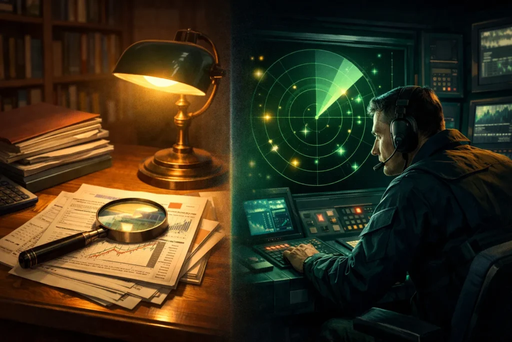 Split image comparing a research library desk representing static stock screeners with a radar monitoring station representing real-time stock scanners