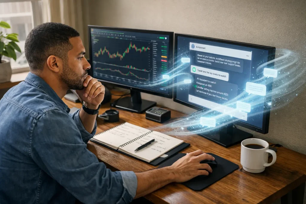 Day trader using ChatGPT as AI research assistant on dual monitor setup, showing human-AI collaboration with trader maintaining control