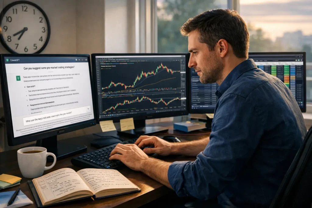 Professional day trader productively using ChatGPT during pre-market hours as part of organized trading workflow with multiple monitors and trading journal