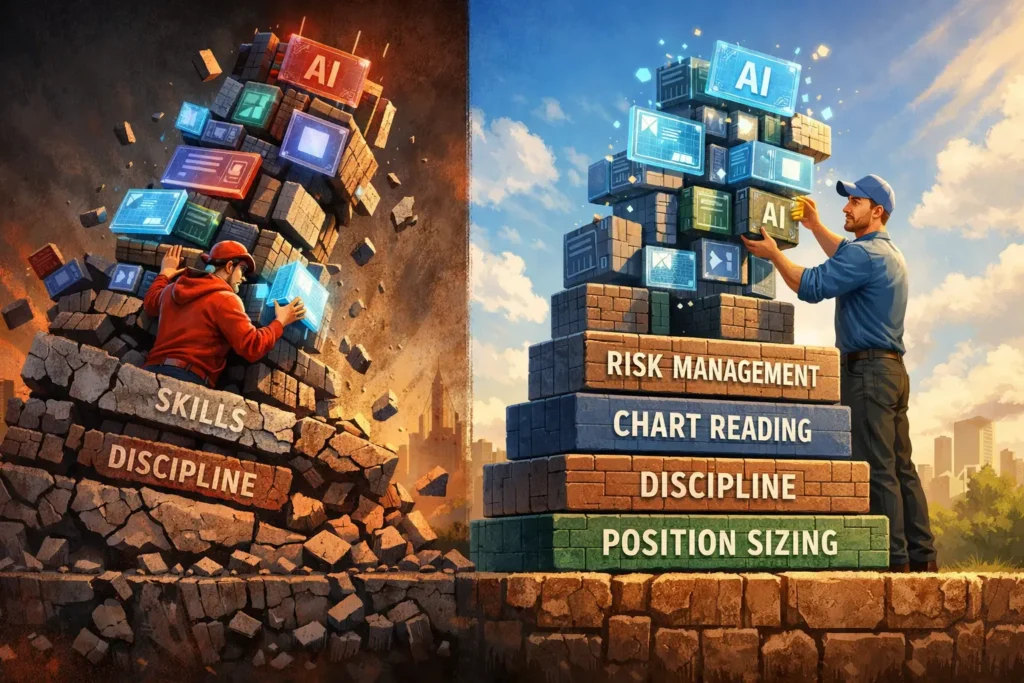 Split image showing AI tools crumbling on weak foundation vs thriving on strong trading skills foundation—illustrating skills-first approach