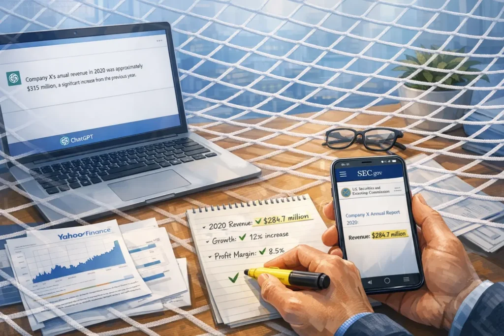 Day trader performing verification protocol by cross-checking ChatGPT information against authoritative sources like SEC filings and market data