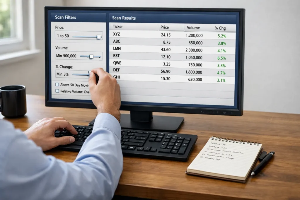 A trader confidently using a traditional stock scanner with clean filters and organized results on a minimal desk setup