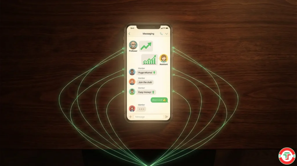 Top-down view of a smartphone showing a WhatsApp group investment chat with glowing lines converging downward, illustrating how social media investment club scams funnel victims.