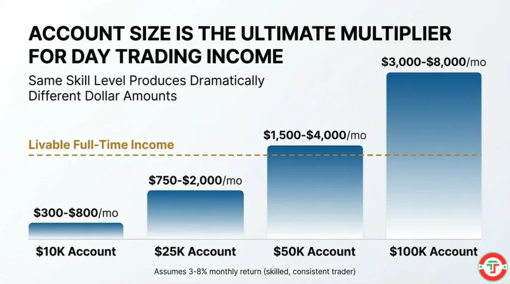 Day trading income infographic comparing realistic monthly earnings across four account sizes from $10,000 to $100,000 — showing that capital is the ultimate multiplier for trading profits