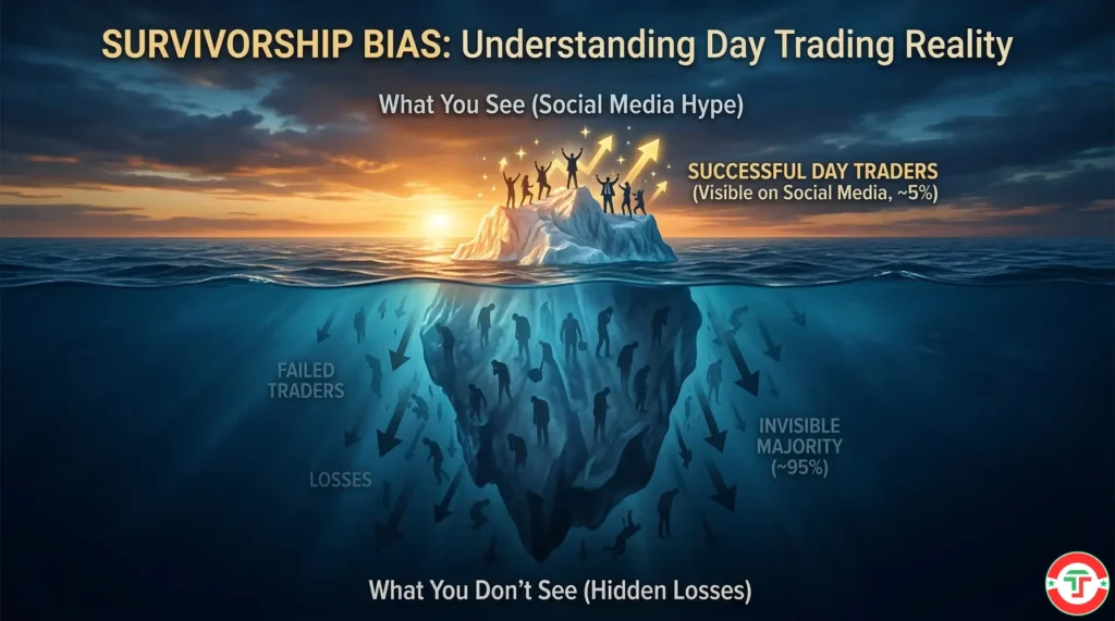 Day trading income survivorship bias visualized as an iceberg — the small visible tip shows winning traders on social media while the massive hidden portion below the waterline represents the 97% who lose money