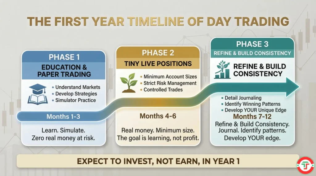 Day trading income timeline showing the realistic first-year journey in three phases: months 1-3 education and paper trading, months 4-6 small live positions, months 7-12 refining and building consistency