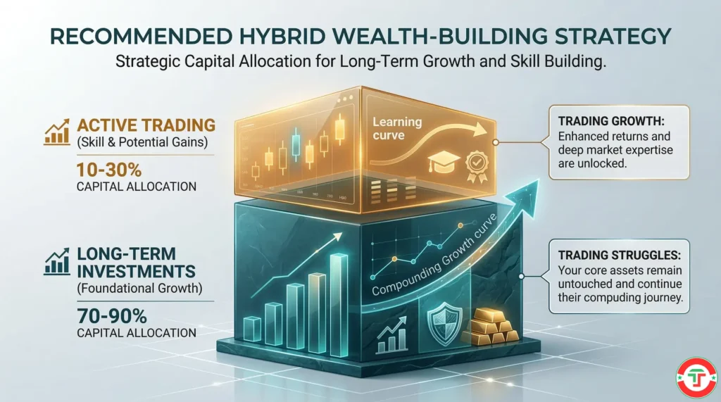 Infographic showing the invest-first trade-second hybrid model as a pie chart or layered structure with long-term investing as the stable foundation and active trading as a smaller skill-building allocation on top